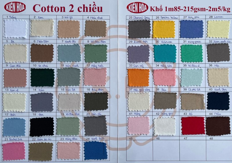 Bảng màu của vải cotton 2 chiều CVC 60/40